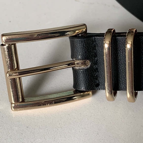 H&M Accessories H M Faux Leather Black Belt Gold Buckle Large